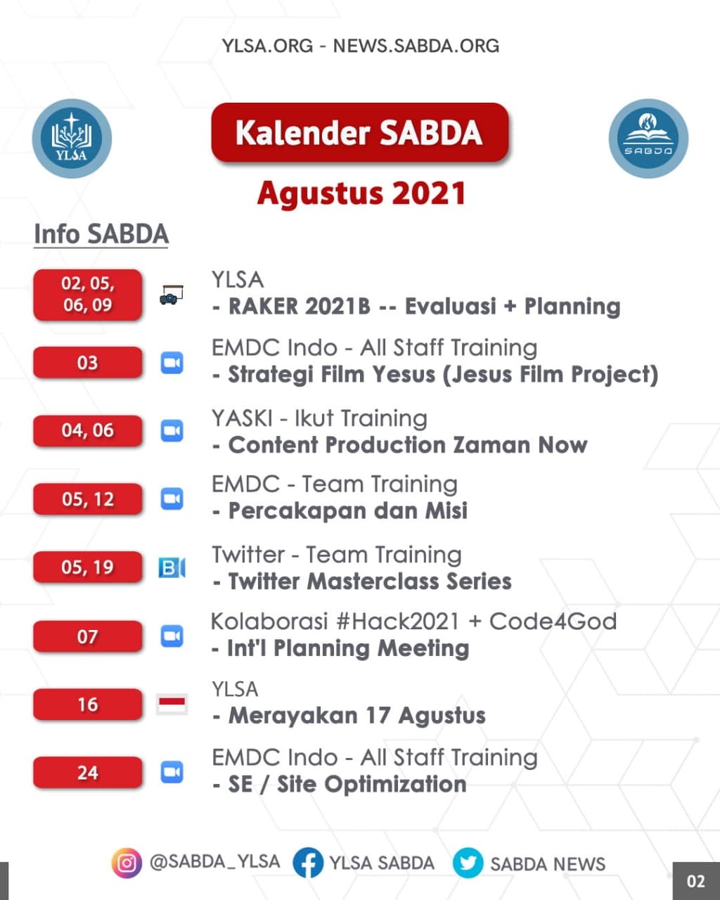 Kalender info SABDA selama Agustus 2021.