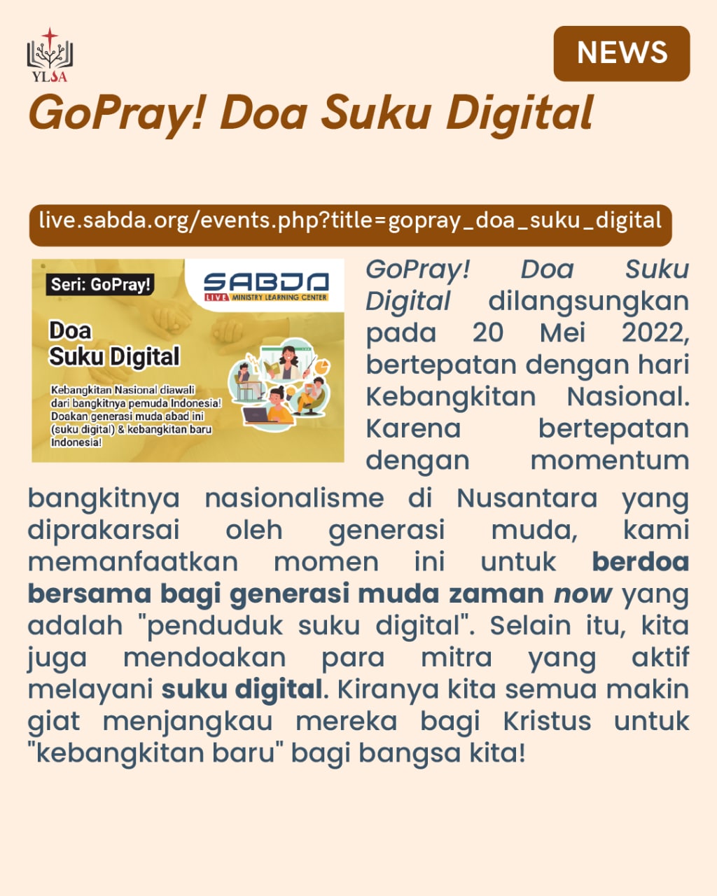 GoPray! "Doa Suku Digital" mengajak kita untuk berdoa bagi "penduduk suku digital".