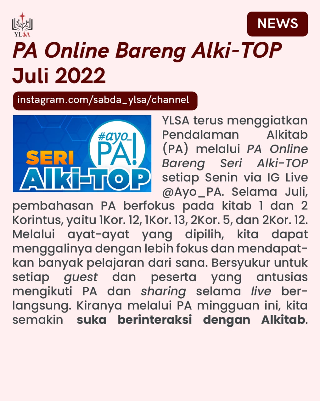 YLSA terus menggiatkan PA Online Bareng Seri Alki-TOP setiap Senin via IG Live @Ayo_PA.