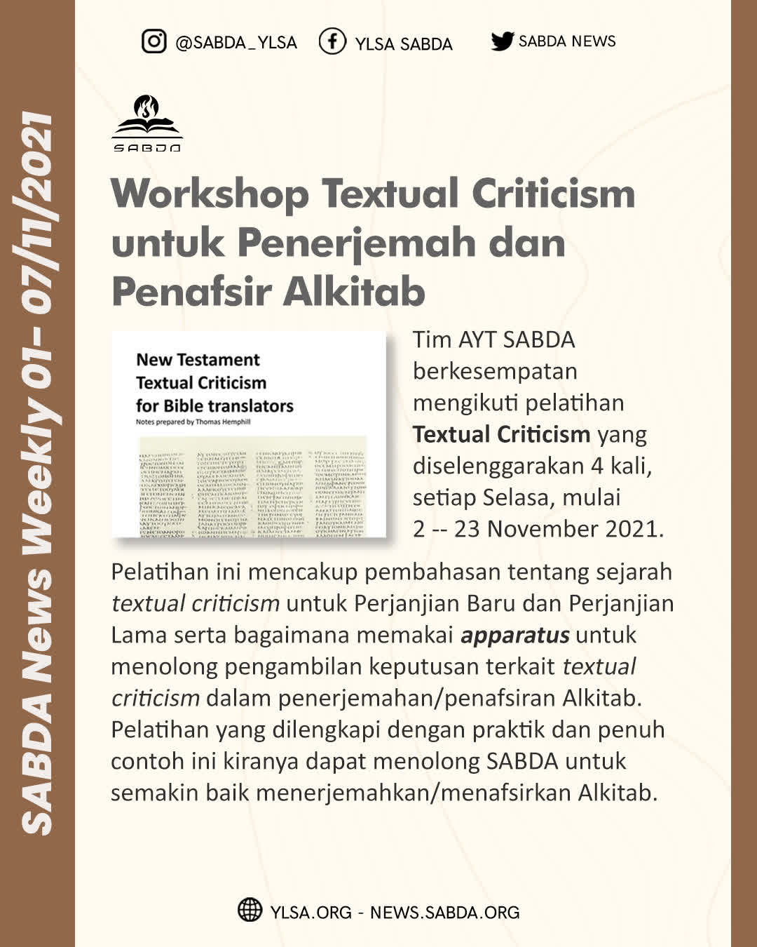 Workshop Textual Criticism untuk Penerjemah dan Penafsir Alkitab