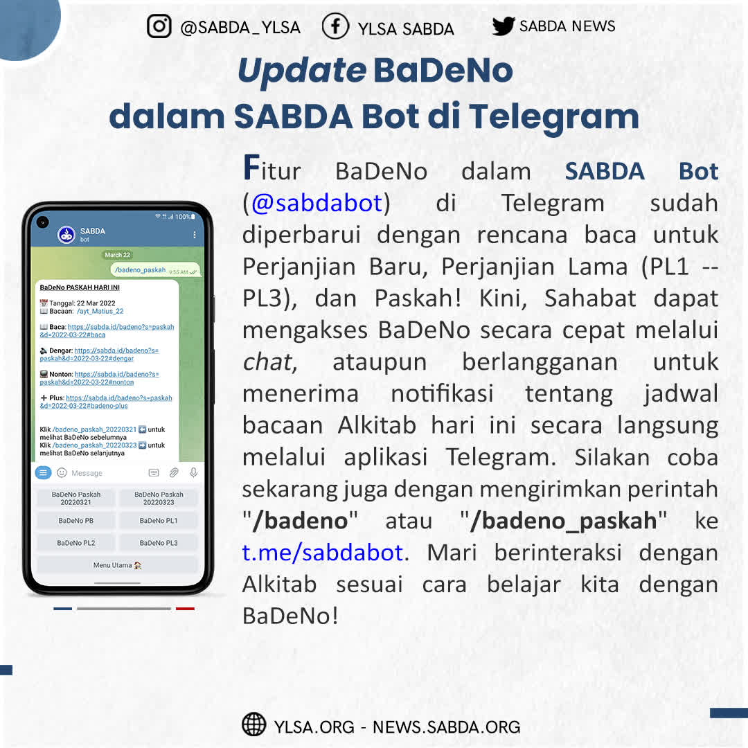 Update BaDeNo dalam SABDA bot di Telegram 