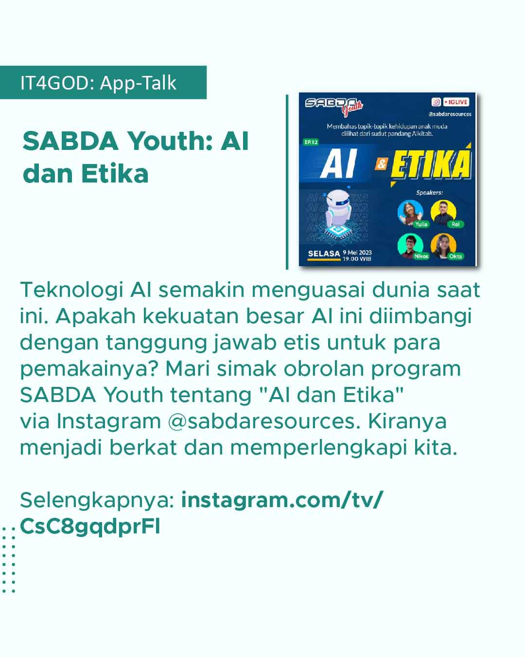 Bincang-bincang program SABDA Youth tentang AI dan Etika.