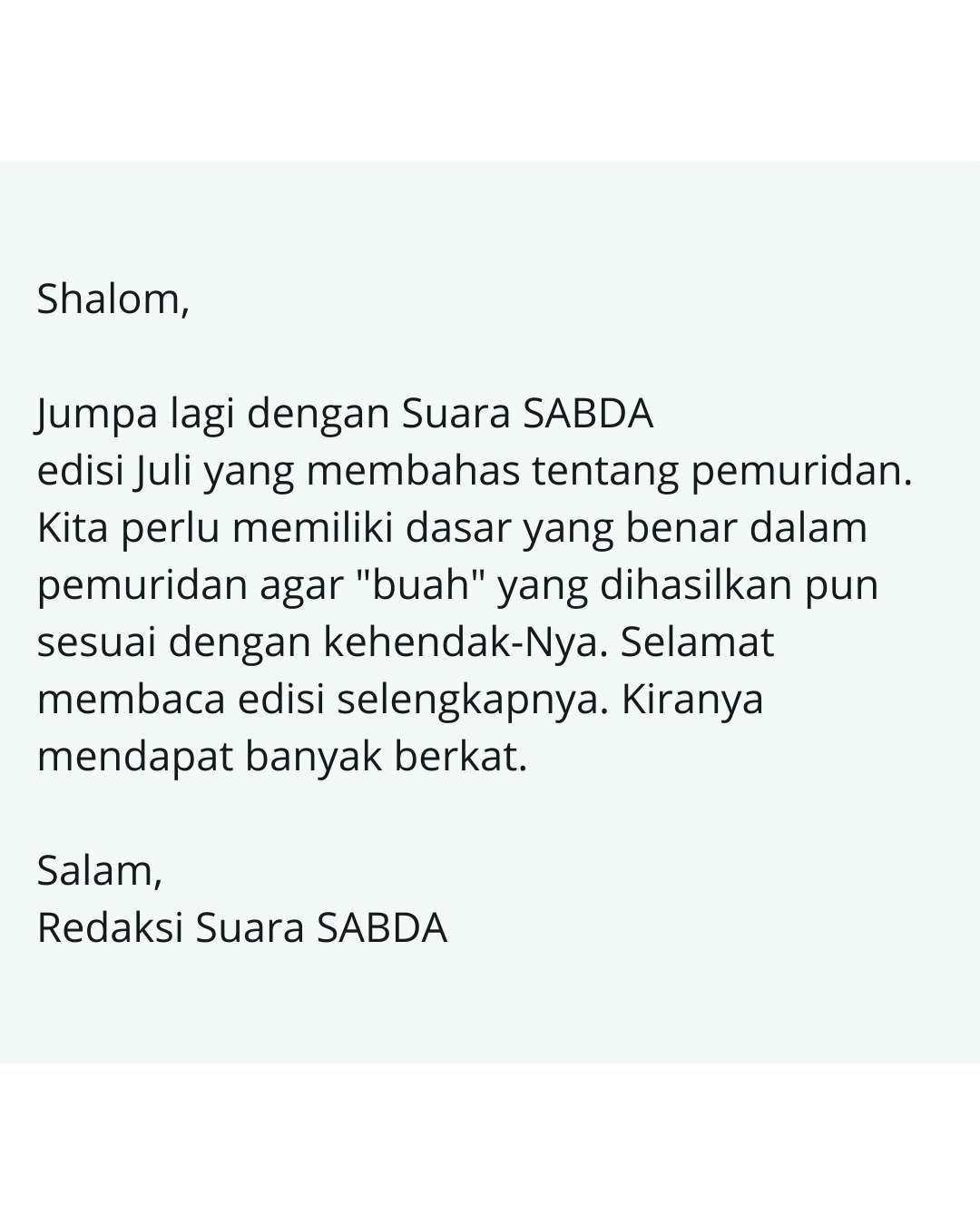 Pengantar Suara SABDA Juli edisi 1.