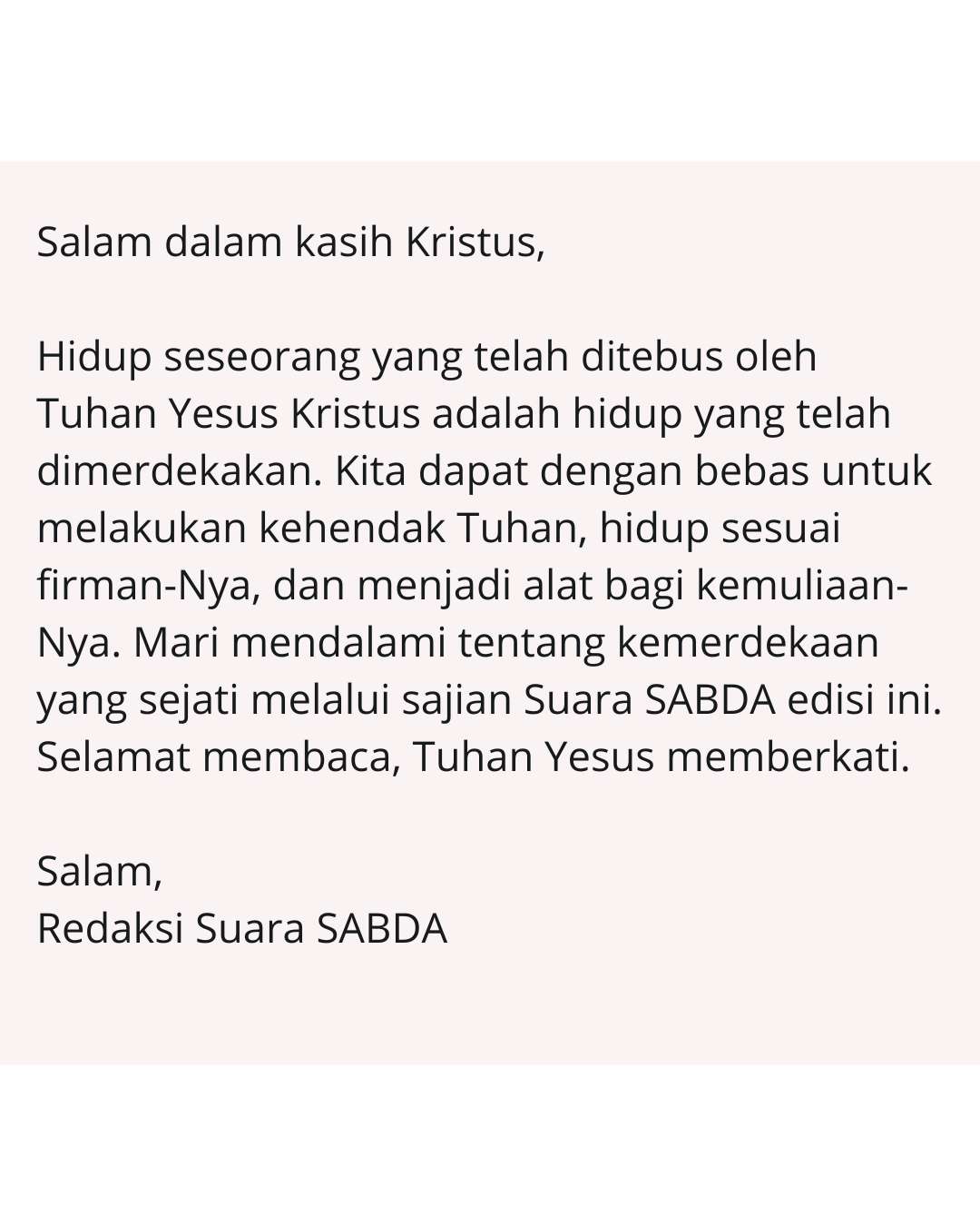 Pengantar Suara SABDA Agustus edisi 1.