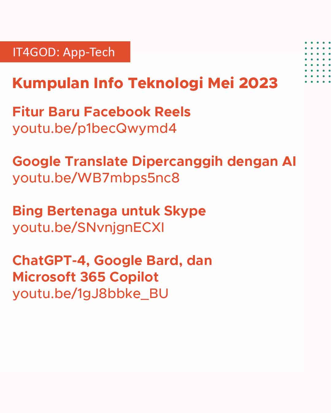 Kumpulan Info teknologi Apps4GOD dari bulan Mei 2023.